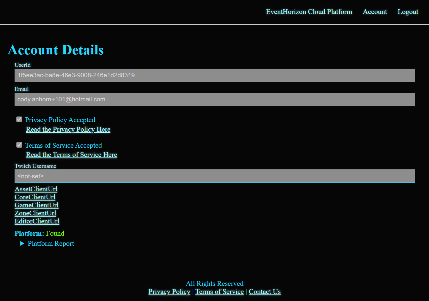 Show the Account Details for the Cloud Platform, displays the UserId, Email, and Links to the Users Game Platform.